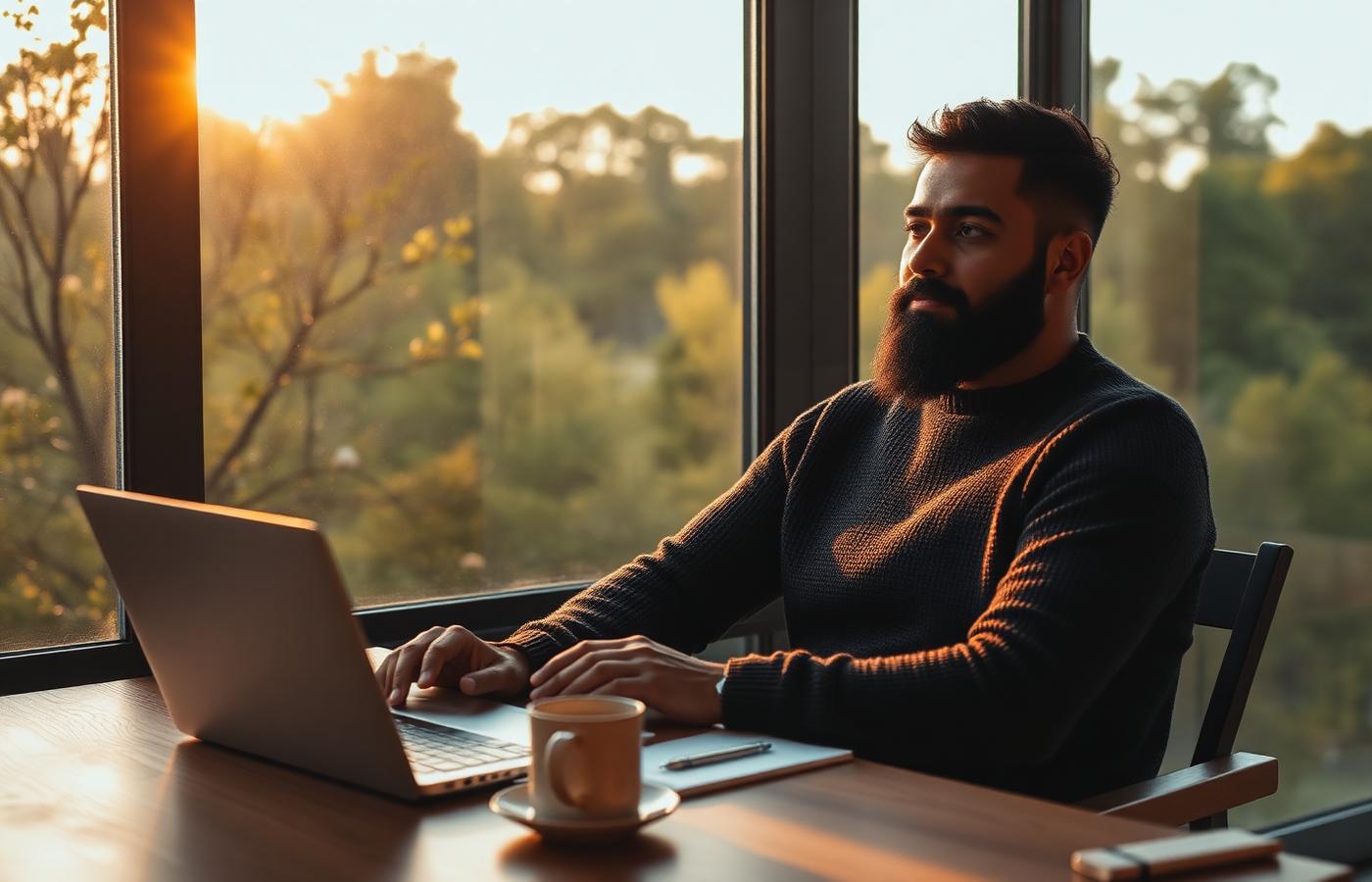 A man pausing at his desk, thinking about his neck pain