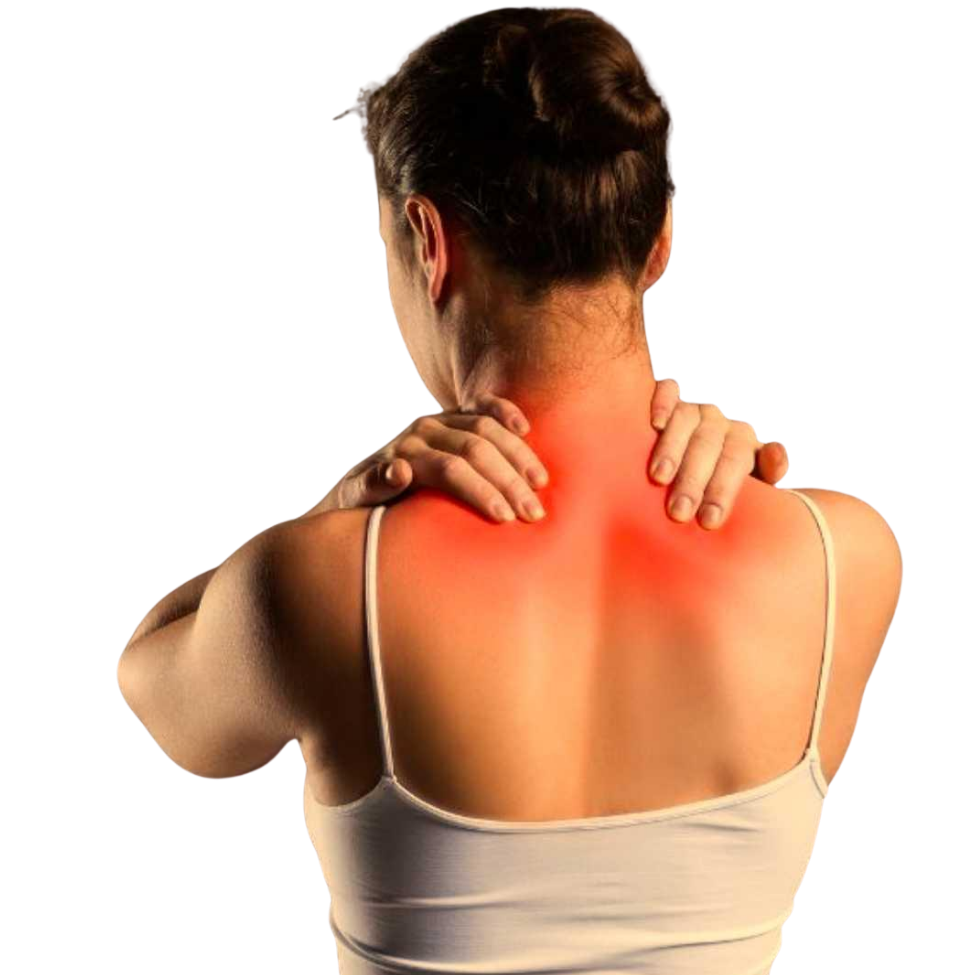 A woman holding her neck, indicating pain
